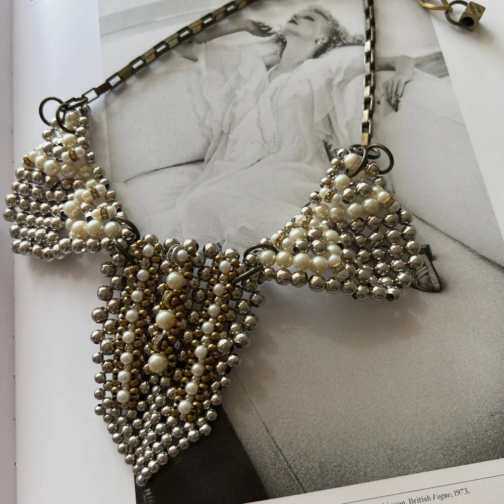 Silver and Gold Beaded Bib Necklace with Textured Pendants - Picture 1 of 10